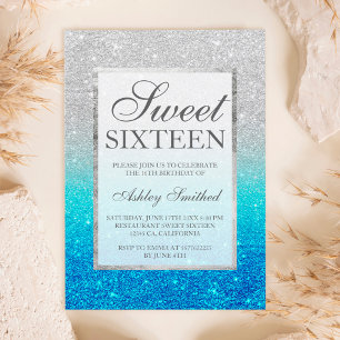 Imitate silber Glitzer blau aquamarin Sweet 16 Einladung