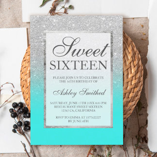 Imitate Silber Glitzer elegant aquamarin Sweet 16 Einladung