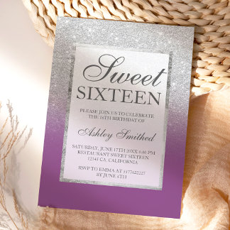 Imitate Silber Glitzer elegant lila Sweet 16 Einladung