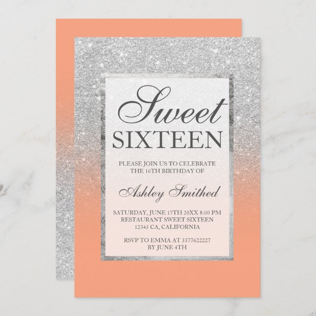 Imitate silber Glitzer elegant orange Sweet 16 Einladung (Vorne/Hinten)