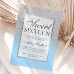 Imitate Silber Glitzer elegantes Eis blau Süß 16 Einladung<br><div class="desc">Moderne,  hübsche,  schicke und elegante Imitate silberne Glitzer Dusche ombre mit wintereisblauen Häusern Sweet 16 Geburtstagsfeier Einladung mit silberfarbenem Ober-Muster verblasst auf einem blauen Hintergrund mit elegantem silbernen Rahmen Perfect für eine Prinzessin 16 . Geburtstag.</div>