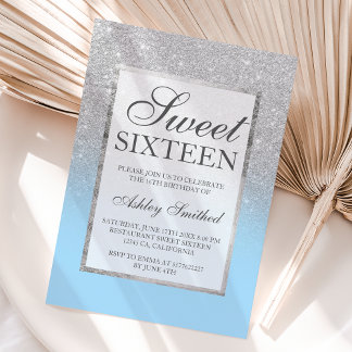 Imitate Silber Glitzer elegantes Eis blau Süß 16 Einladung