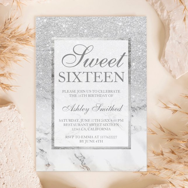 Imitate silber Glitzer Marmor elegante Sweet 16 Einladung (Von Creator hochgeladen)