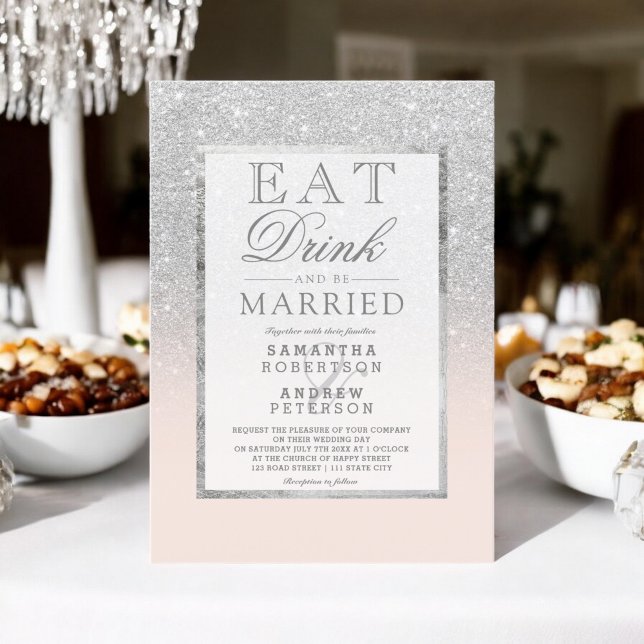 Imitate Silber Glitzer rot Rosa essen Hochzeit tri Einladung (Faux silver glitter blush pink eat drink wedding invitation)