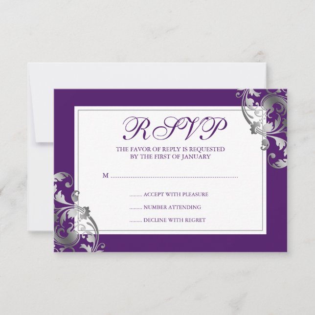 Imitate Silber und Lila Geblüht Swirl Wedding RSVP (Vorderseite)