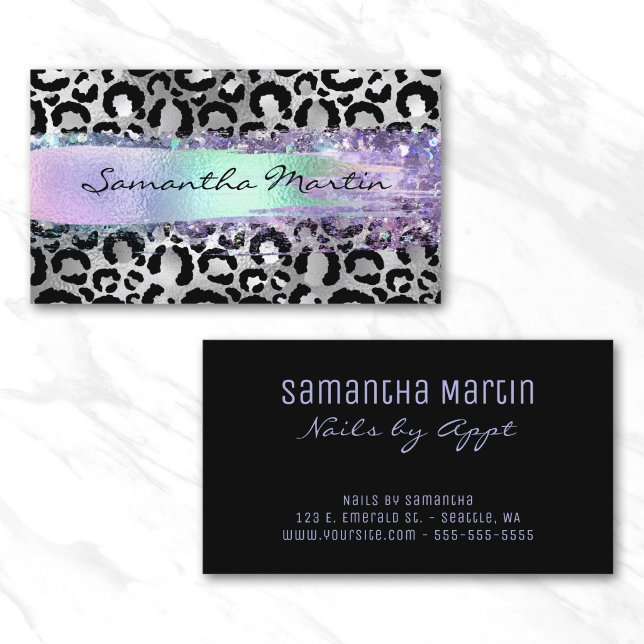 Imitate Silberfolienleopard Iridescent Brush Strok Visitenkarte (Faux Silver Foil Leopard Iridescent Brush Stroke Business Card)
