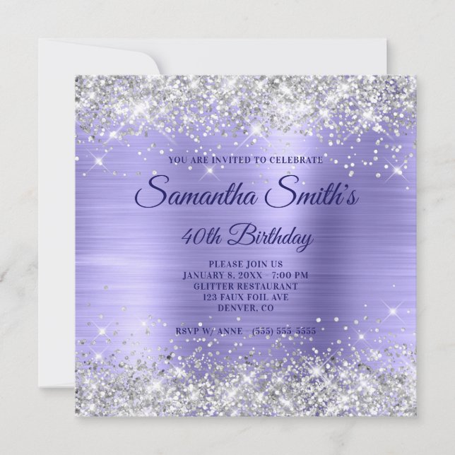 Imitate Silberner Glitzer Periwinkle Foil 40. Gebu Einladung (Vorderseite)