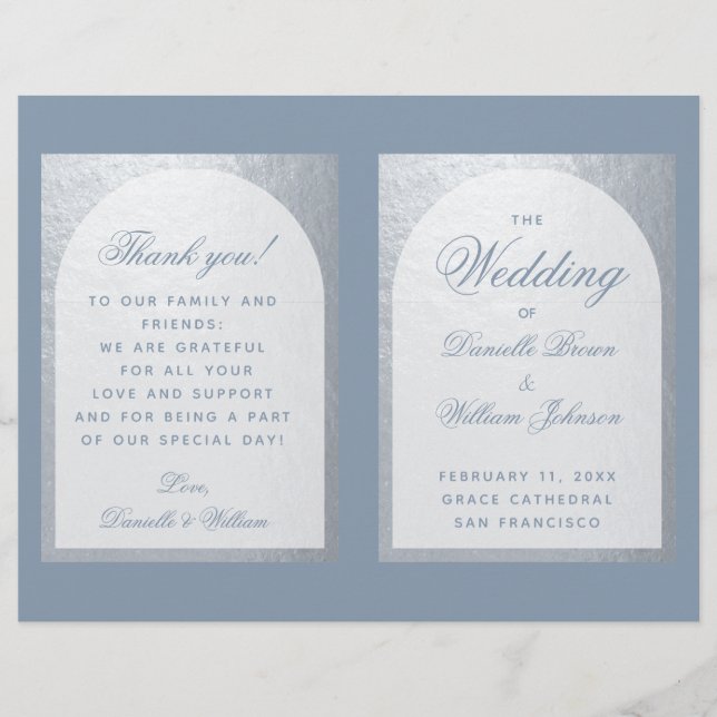 Imitate Silver Arch Dusty Blue Folded Wedding Prog (Vorderseite)