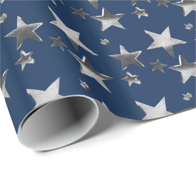 Imitate Silver Christmas Stars Pattern Navy Blau Geschenkpapier (Rolleneckpunkt)