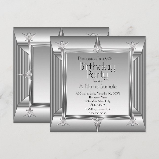 Imitate Silver Chrome Metal Look Birthday Party sq Einladung (Vorne/Hinten)