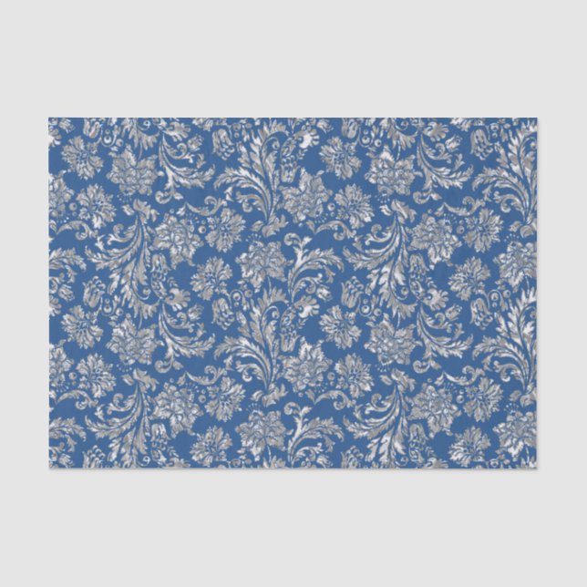 Imitate Silver Floral Damaskus Blue Background Seidenpapier (Vorderseite)