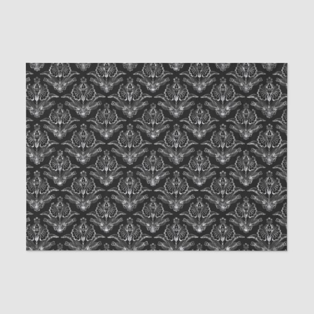 Imitate Silver Floral Damaskus Schwarzer Hintergru Seidenpapier (Vorderseite)