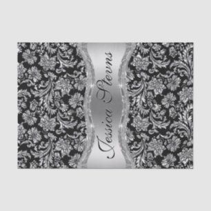 Imitate Silver Floral Damaskus Schwarzer Hintergru Seidenpapier