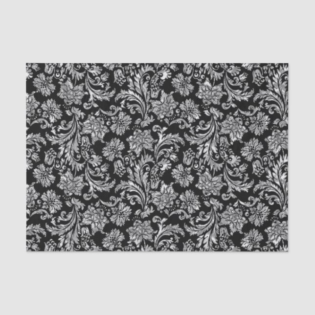Imitate Silver Floral Damaskus Schwarzer Hintergru Seidenpapier (Vorderseite)