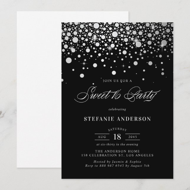 Imitate Silver Foil Confetti | Black 16 . Geburtst Einladung (Vorne/Hinten)