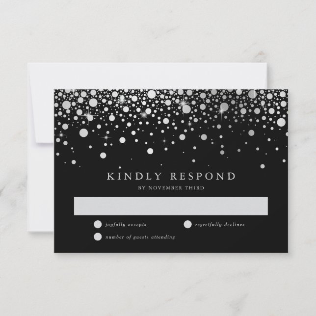 Imitate Silver Foil Confetti Black and Silver Wedd RSVP Karte (Vorderseite)