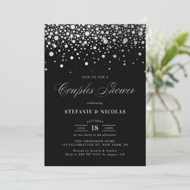 Imitate Silver Foil Confetti Black Couples Dusche Einladung (Stehend Vorderseite)