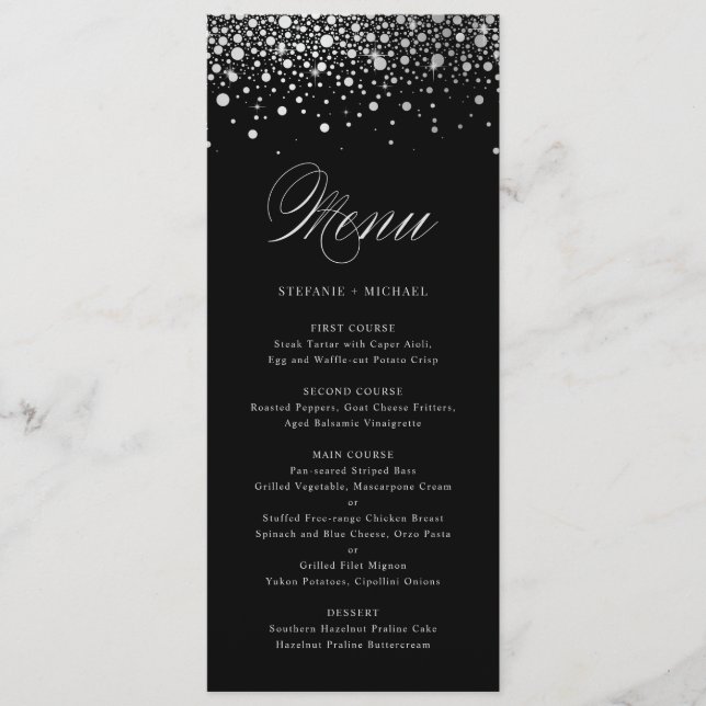 Imitate Silver Foil Confetti Black Elegante Menu C Menükarte (Vorderseite)