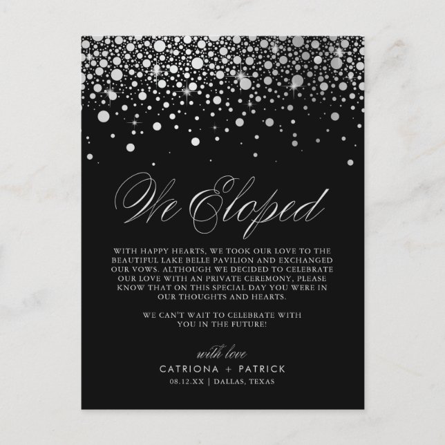 Imitate Silver Foil Confetti Black Wedding Ankündigungspostkarte (Vorderseite)