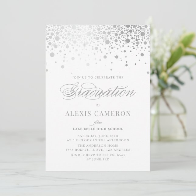 Imitate Silver Foil Confetti Dots Abschluss Einladung (Stehend Vorderseite)