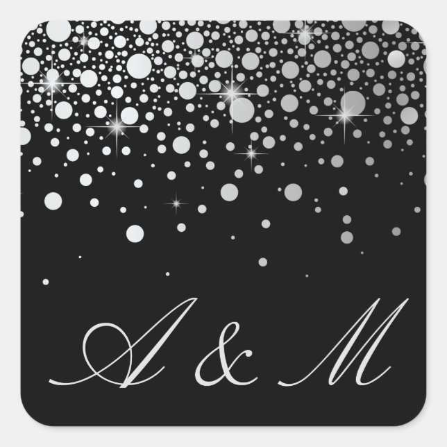 Imitate Silver Foil Confetti Dots Black Monogram Quadratischer Aufkleber (Vorderseite)