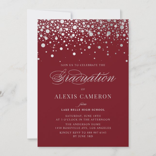 Imitate Silver Foil Confetti Dots Burgundy Abschlu Einladung (Vorderseite)