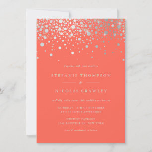 Imitate Silver Foil Confetti Dots Coral Wedding Einladung