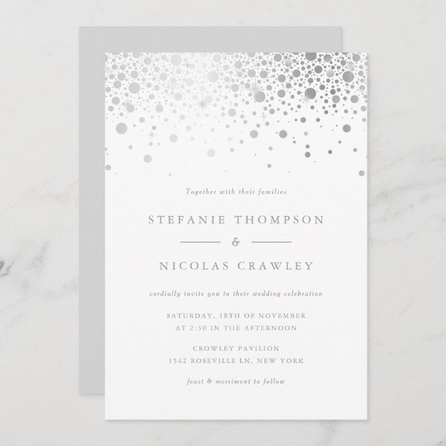 Imitate Silver Foil Confetti Dots Wedding Einladung (Vorne/Hinten)