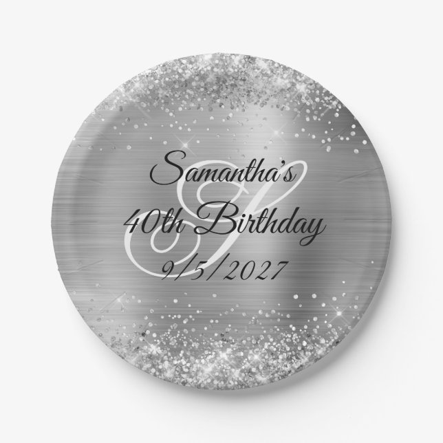 Imitate Silver Glitzer and Foil 40. Geburtstag Pappteller (Vorderseite)