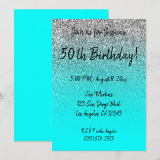 Imitate Silver Glitzer Aqua Ombre 50. Geburtstag Einladung