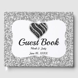 Imitate Silver Glitzer Black Heart Wedbook Gästebuch