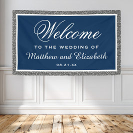 Imitate Silver Glitzer Navy Blue Wedding Willkomme Banner