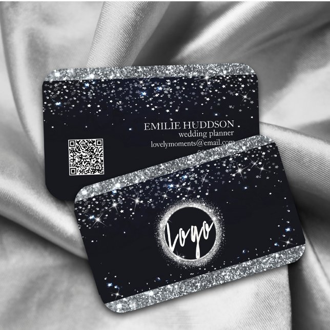 Imitate Silver Glitzer und Black Elegante QR Code Visitenkarte (Faux Silver Glitter and Black Elegant QR code Business Card. #luxefauxgold #beauty #stylist)