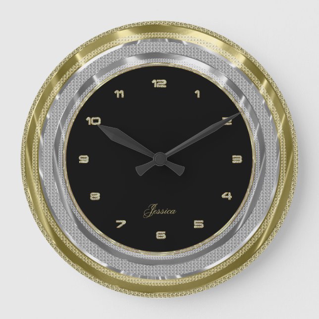Imitate Silver & Gold Border Custom Black Backgrou Große Wanduhr (Vorderseite)