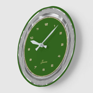 Imitate Silver & Gold Border Custom Green Backgrou Große Wanduhr