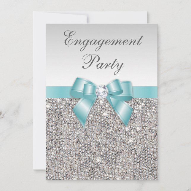 Imitate Silver Sequents Aquamarine Bow Engagement  Einladung (Vorderseite)