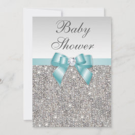 Imitate Silver Sequins Aquamarin Blue Baby Dusche Einladung