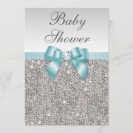 Imitate Silver Sequins Aquamarin Blue Baby Dusche Einladung