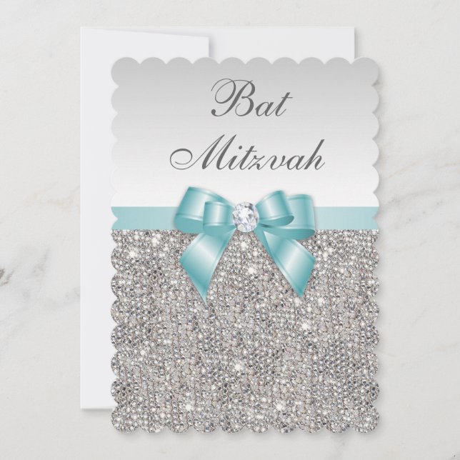 Imitate Silver Sequins Aquamarin Blue Bat Mitzvah Einladung (Vorderseite)