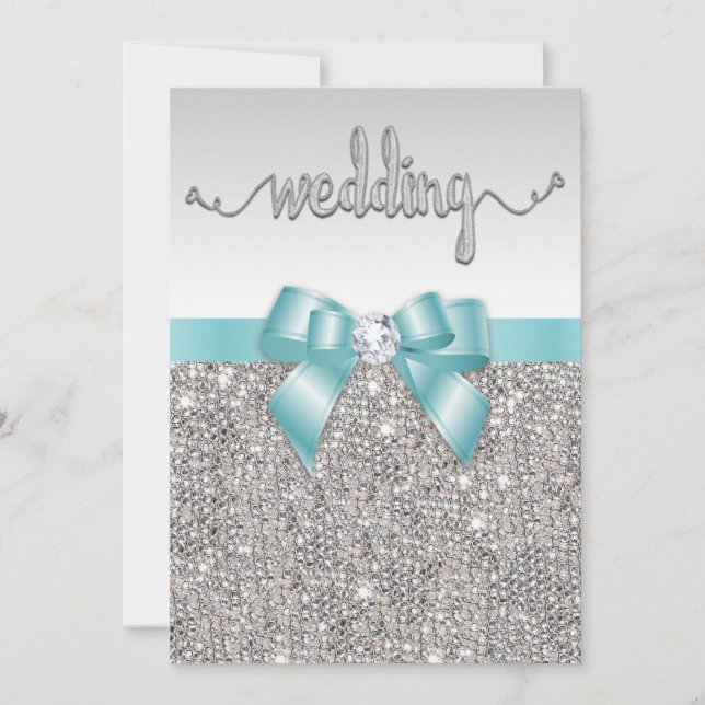 Imitate Silver Sequins Aquamarin Bow Wedding Typog Einladung (Vorderseite)