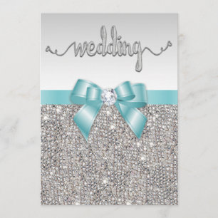 Imitate Silver Sequins Aquamarin Bow Wedding Typog Einladung
