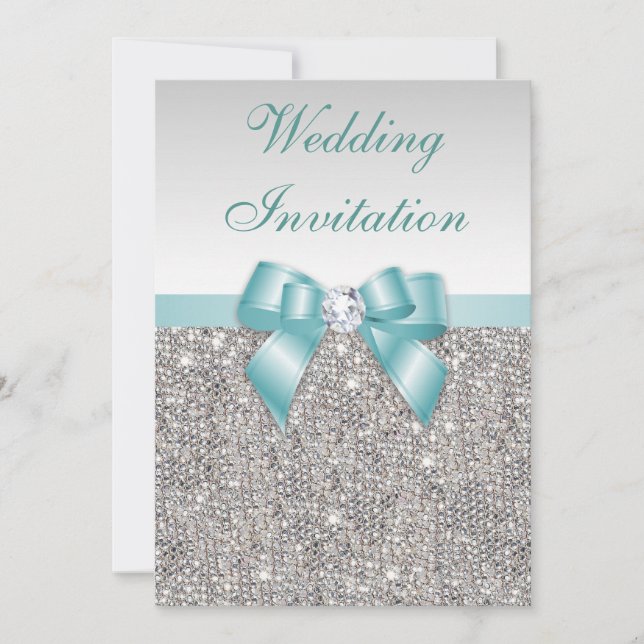Imitate Silver Sequins Diamonds Aquamarin Bow Wedd Einladung (Vorderseite)