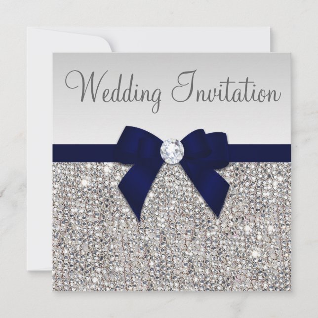 Imitate Silver Sequins Diamonds Dark Navy Bow Hoch Einladung (Vorderseite)