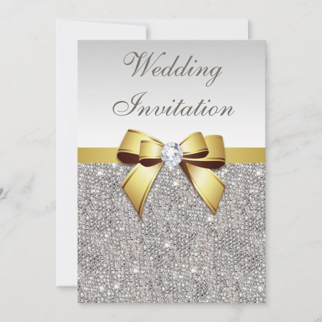 Imitate Silver Sequins Diamonds Gold Bow Wedding Einladung (Vorderseite)