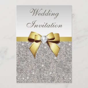 Imitate Silver Sequins Diamonds Gold Bow Wedding Einladung