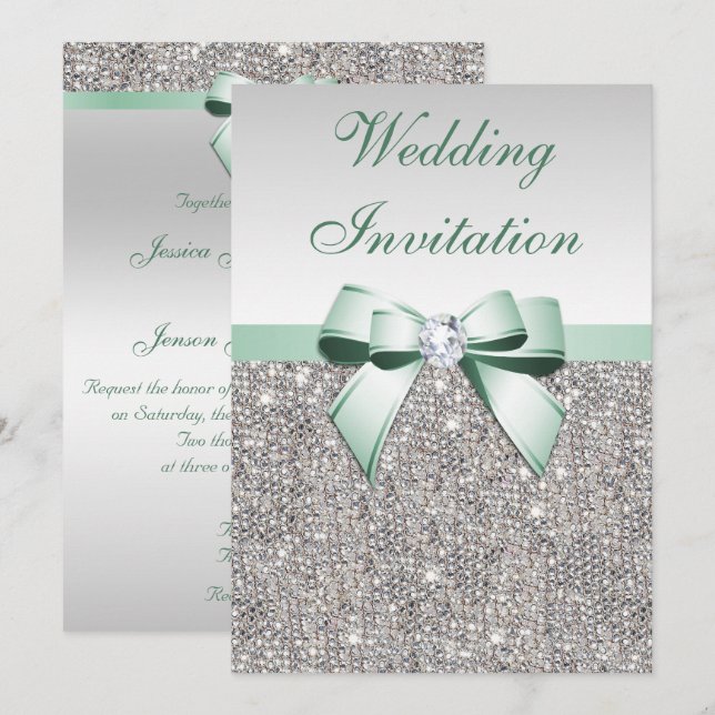 Imitate Silver Sequins Diamonds Mint Bow Wedding Einladung (Vorne/Hinten)