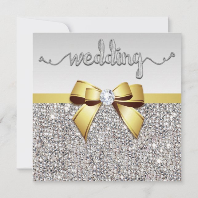 Imitate Silver Sequins Gold Bow Wedding Einladung (Vorderseite)