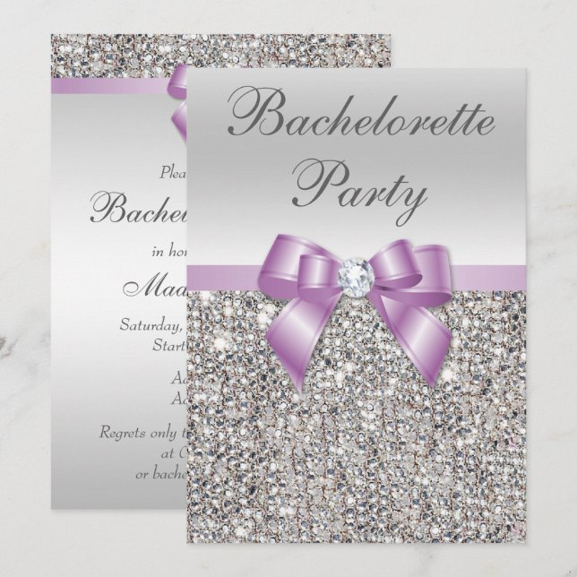 Imitate Silver Sequins Lilac Bow Junggeselinnen-Ab Einladung (Vorne/Hinten)