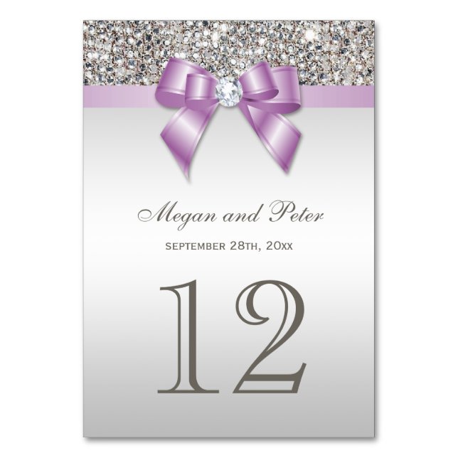 Imitate Silver Sequins Lilac Bow Wedding Tischnummer (Vorderseite)