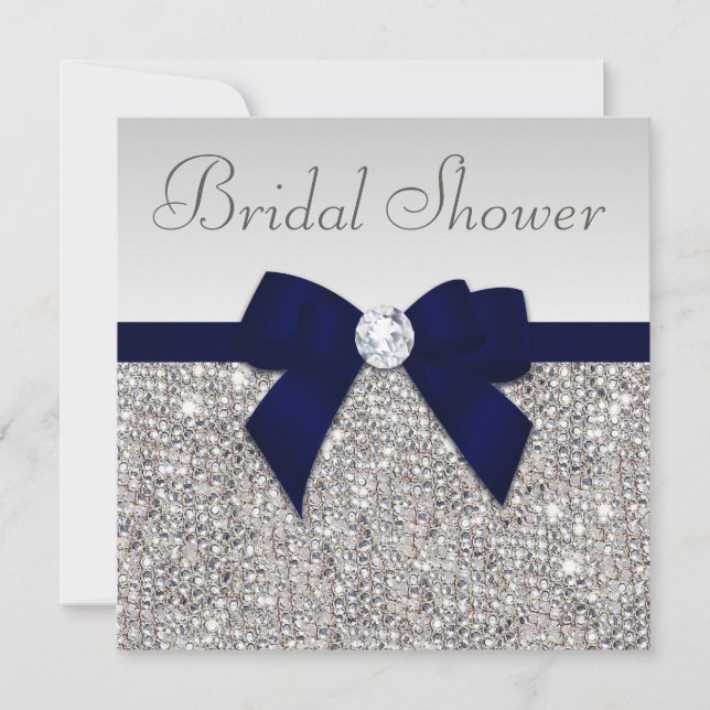 Imitate Silver Sequins Navy Blue Bow Brautparty Einladung (Vorderseite)